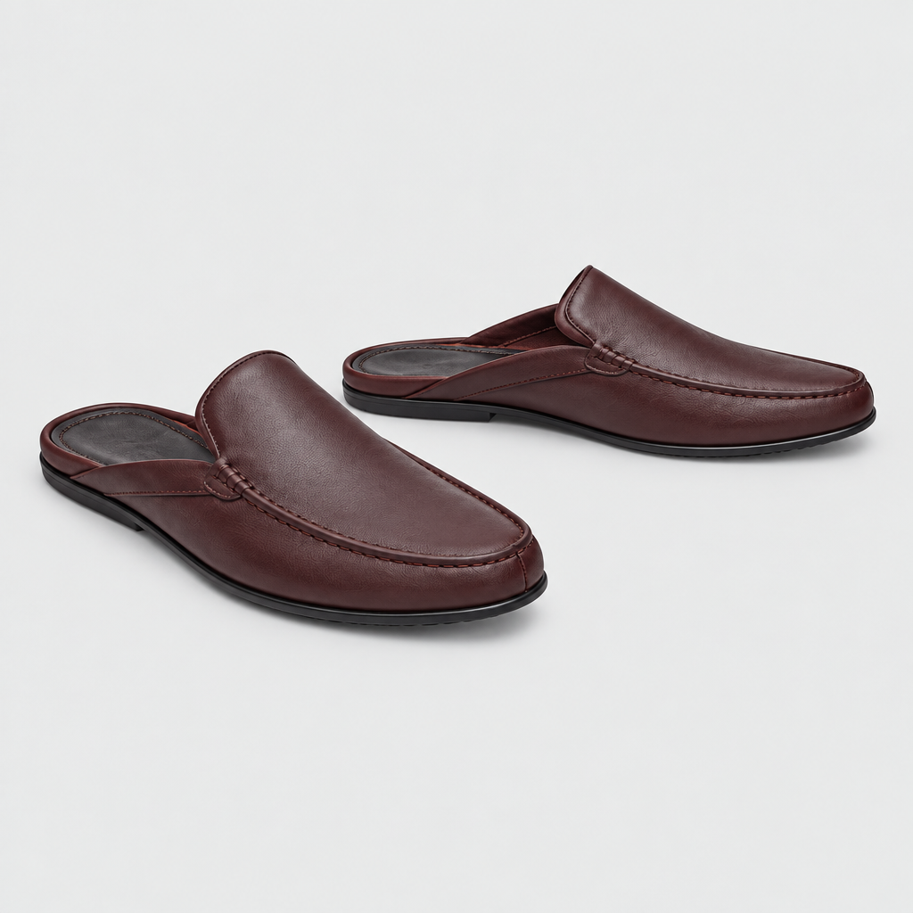 Men's burgundy brown backless mule slippers, front and side view