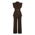 Dark-brown ruffle-shoulder belted top and wide-leg trouser set, mannequin view