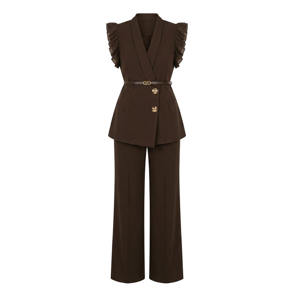 Dark-brown ruffle-shoulder belted top and wide-leg trouser set, mannequin view