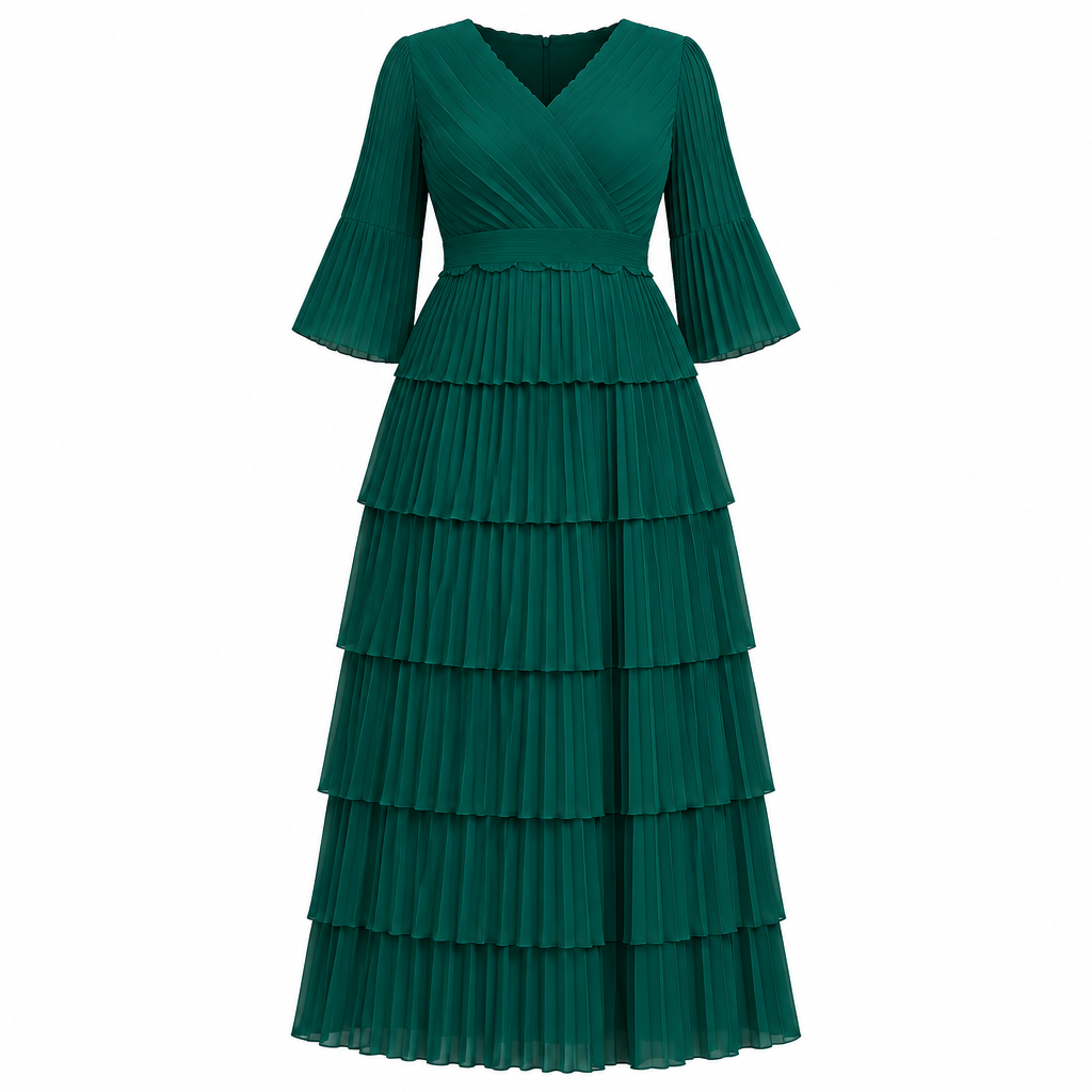 Deep green tiered pleated occasion dress on white background