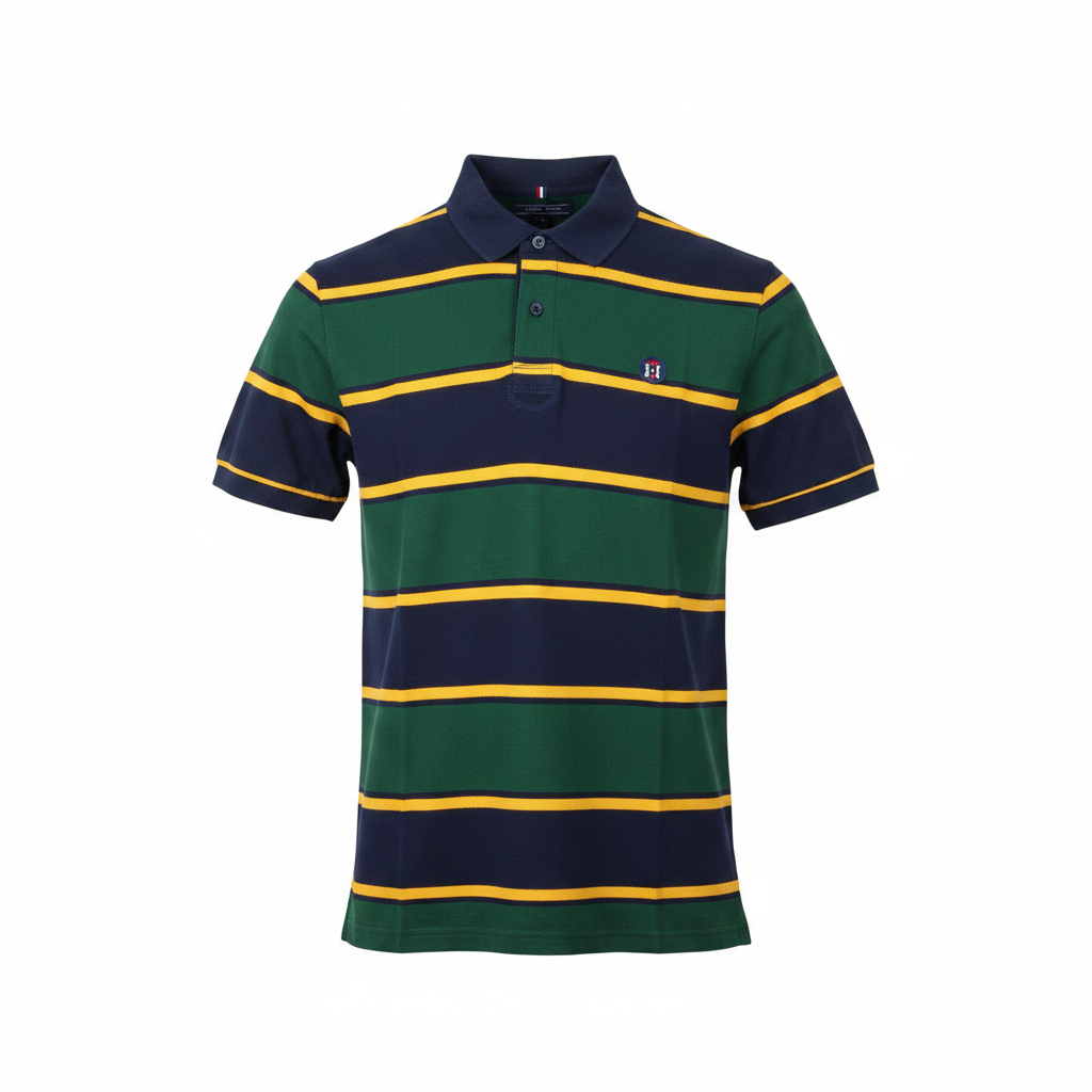 Men's striped polo shirt in navy, green and gold, ghost mannequin front view