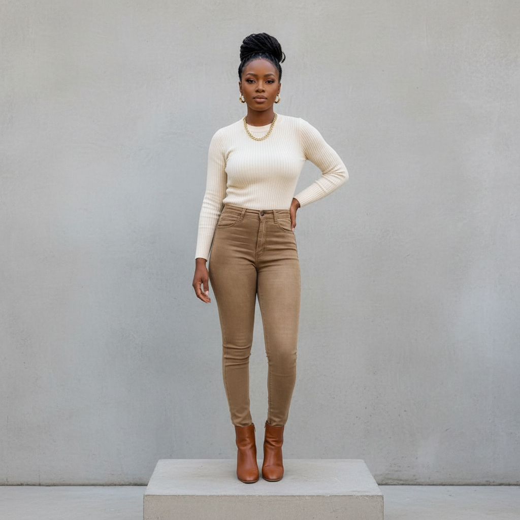 Khaki High-Waist Skinny Stretch Jeans – Front Model