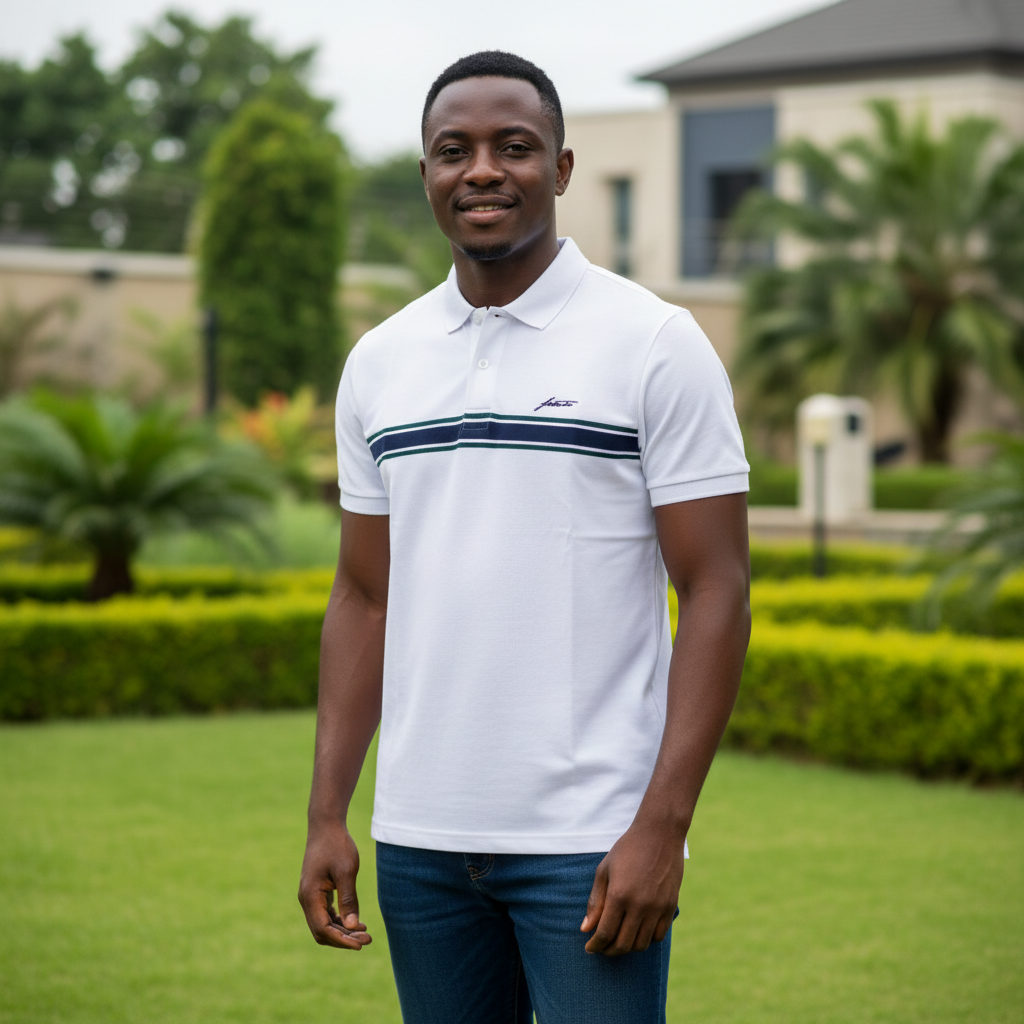 Nigerian male model wearing men's white polo shirt with navy chest stripe, garden setting