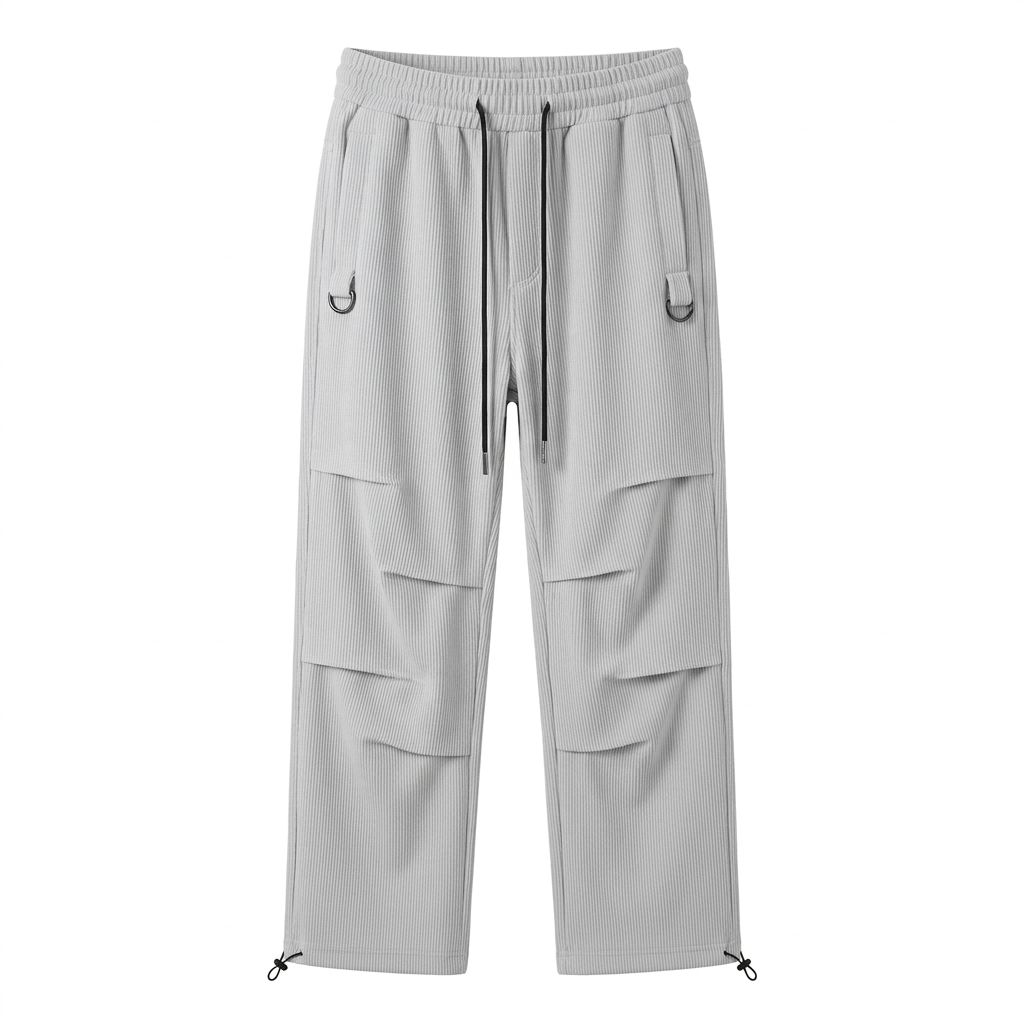 Light grey textured panel cargo joggers on white background