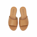 Women's tan leather open-toe flat mule slide — ghost mannequin pair view, left and right shoe