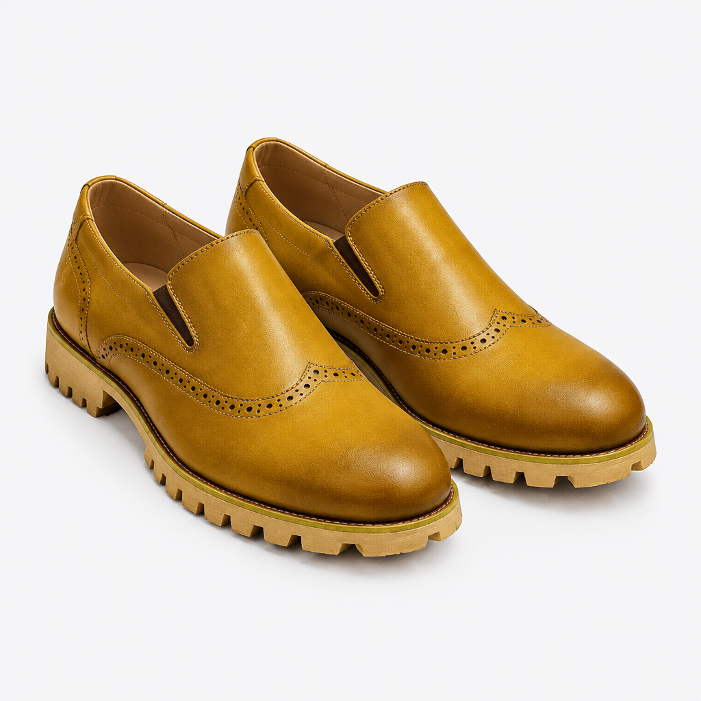 Golden-brown men's brogue slip-on shoes shown as a complete pair