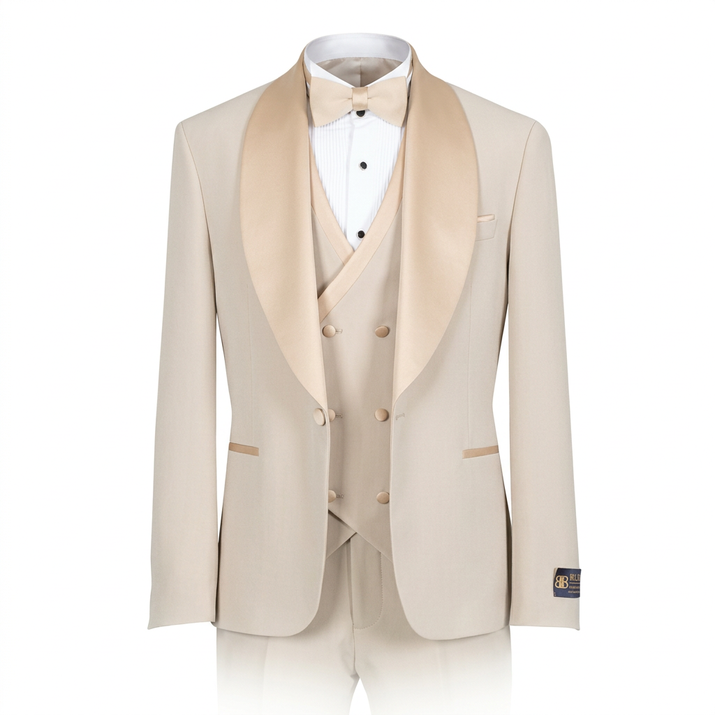 Beige formal suit with champagne shawl lapels on an invisible mannequin