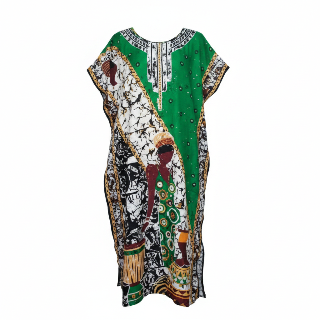 Ghost mannequin view of women's multicolour bubu dress with green center panel and decorative embroidered neckline