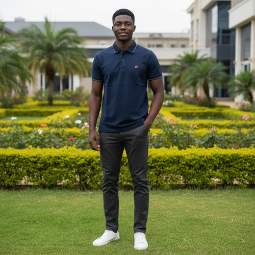 Nigerian male model wearing navy blue solid short sleeve polo shirt with white dotted stitch trim