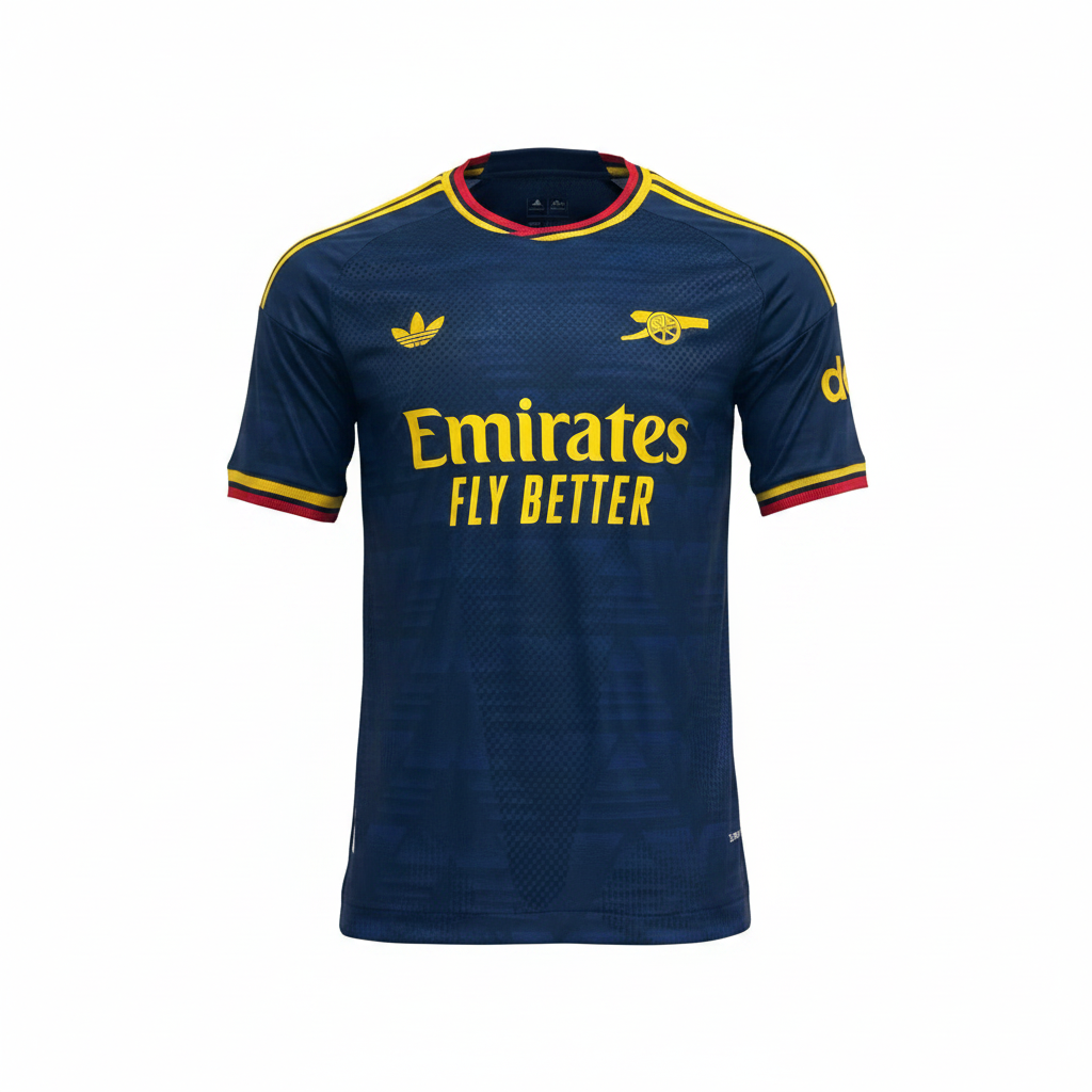 Navy blue football jersey ghost mannequin front view - yellow shoulder stripes, red and gold collar trim