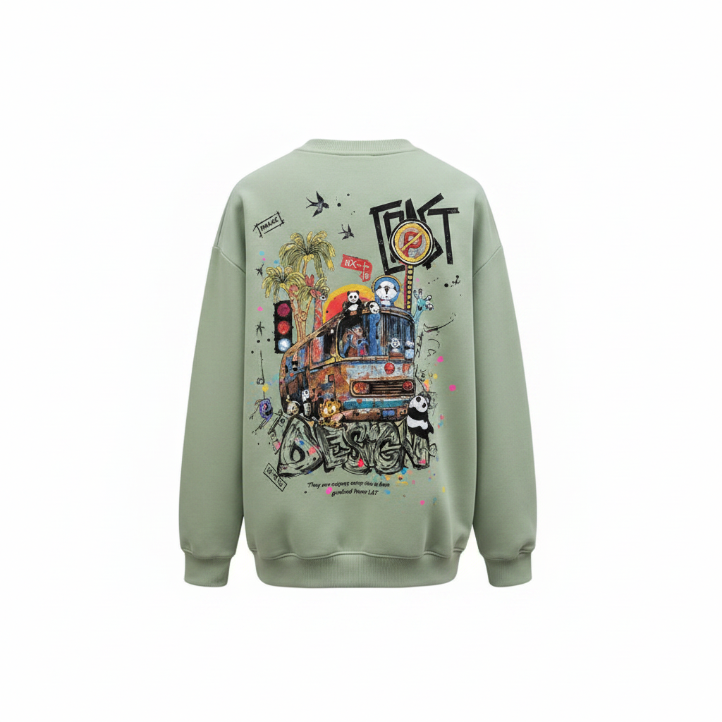 Unisex sage green illustrated cartoon bus graphic sweatshirt – ghost mannequin back view