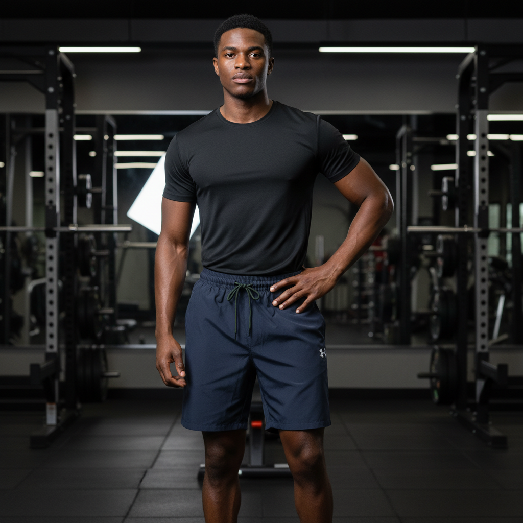 Men's Black Performance Sports Shorts – Nigerian Male Model Gym Setting