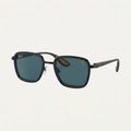 AI-edited catalog image of black square sunglasses with blue-green lenses