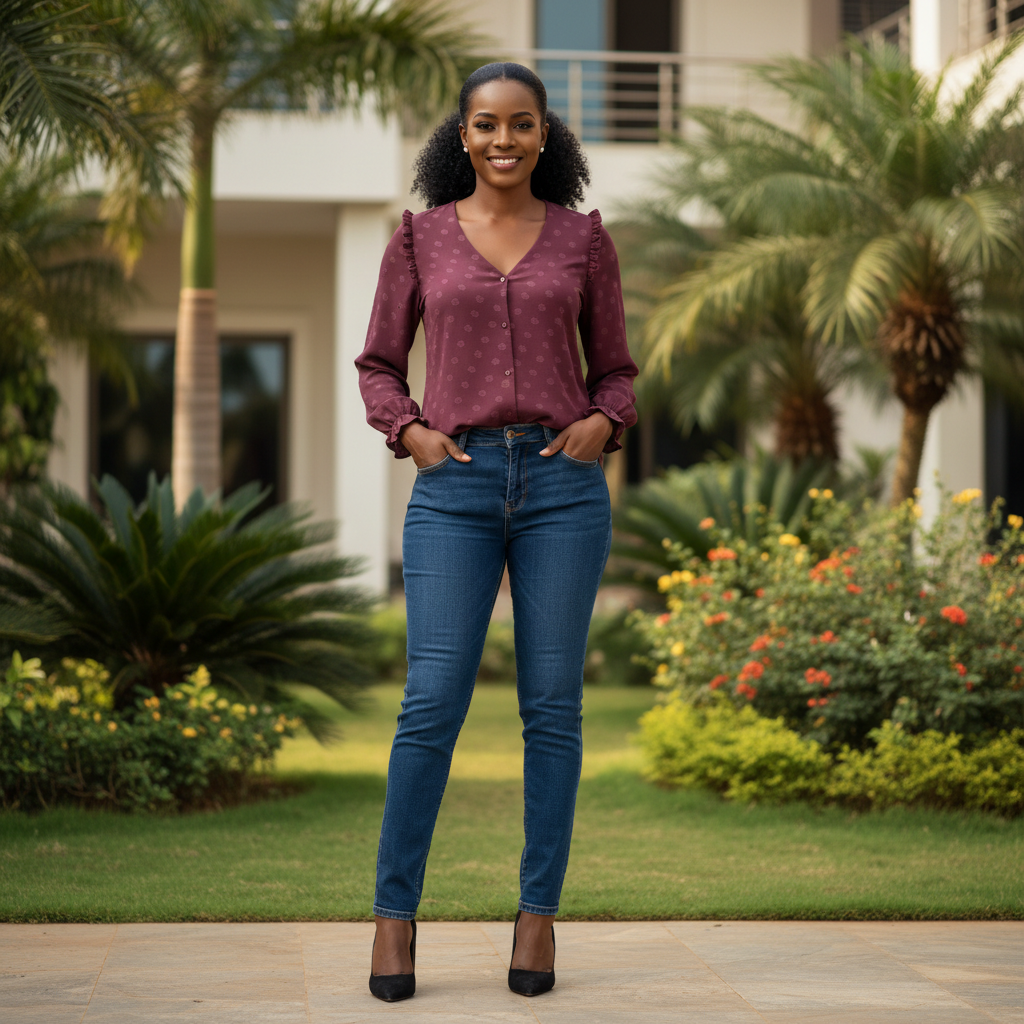 Deep mauve ruffle shoulder polka dot blouse - front model view