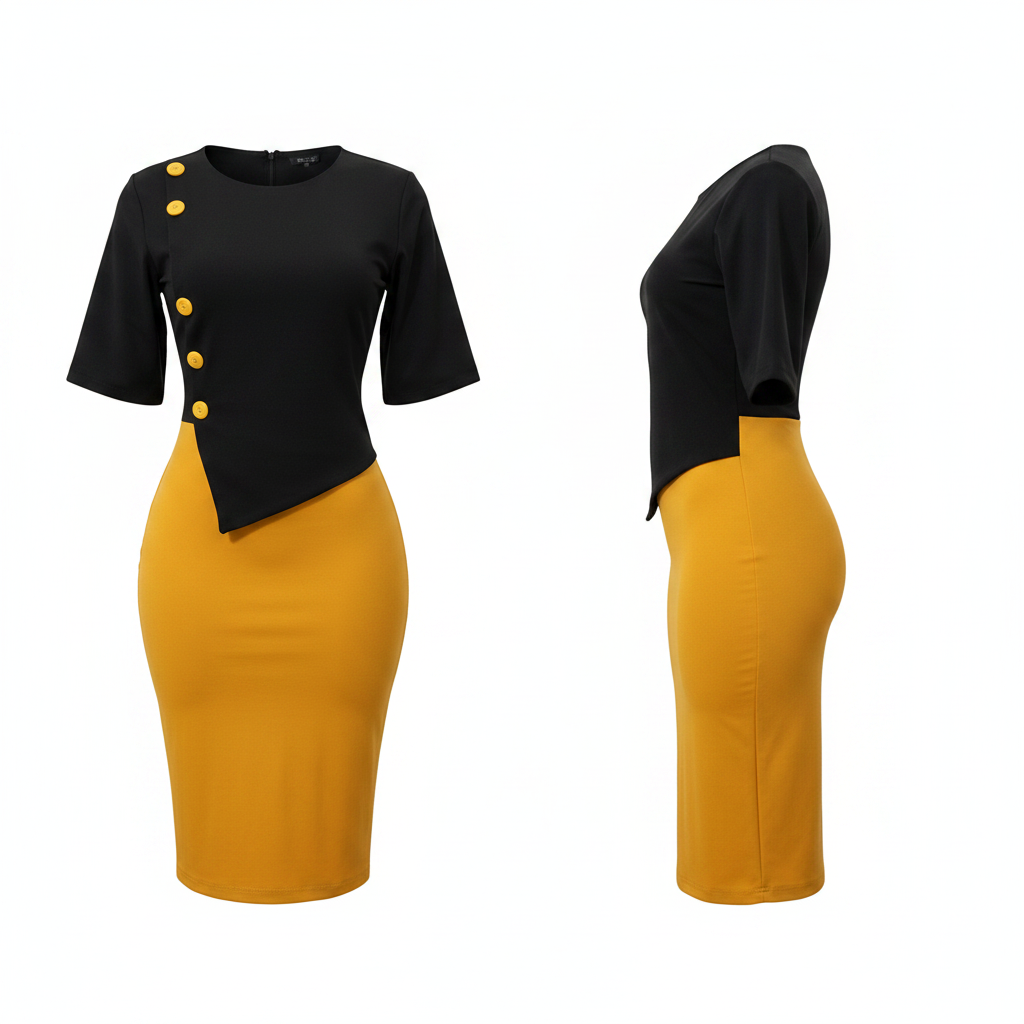 Women's Black & Mustard Yellow Colour Block Button Midi Dress – Ghost Mannequin Front and Side View