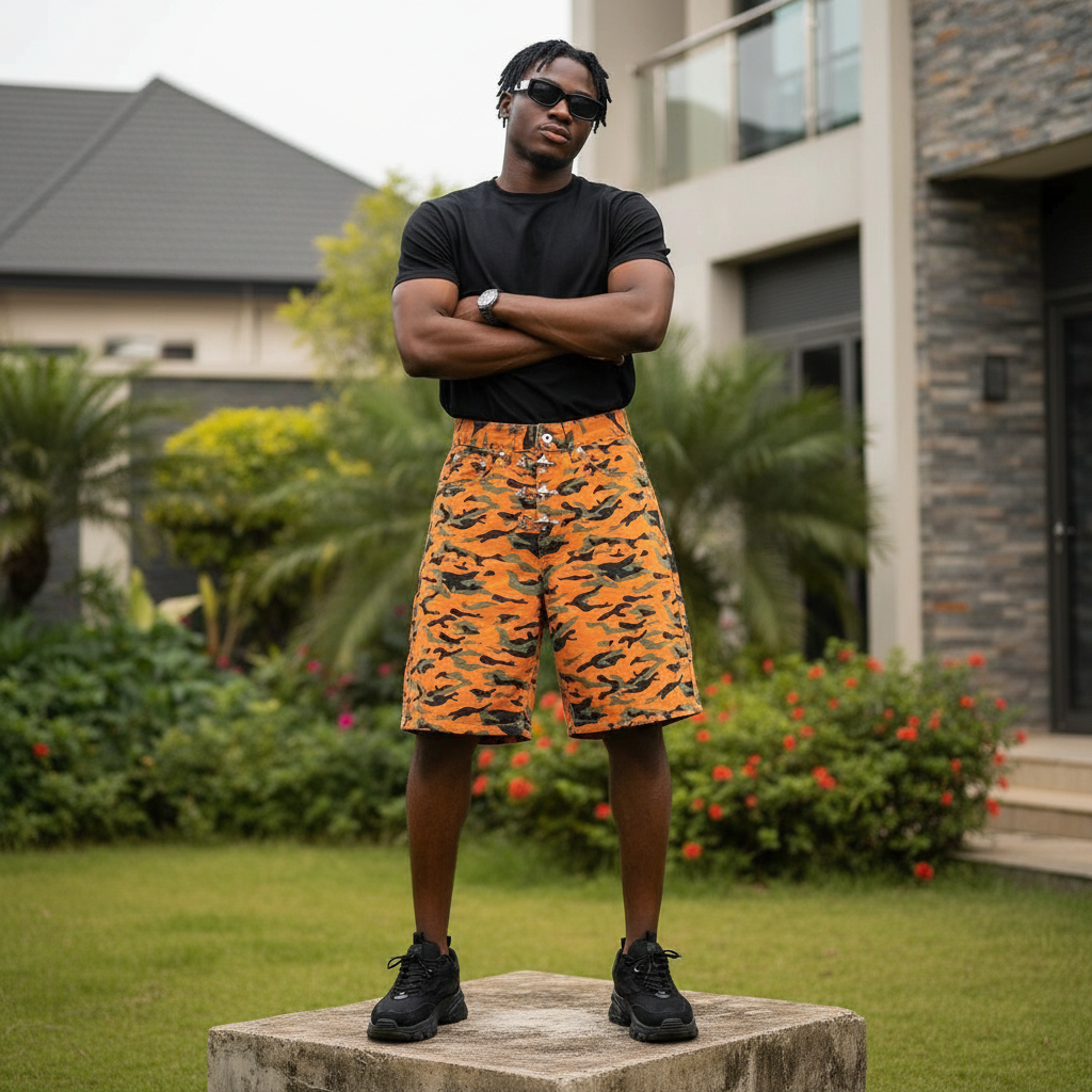 Nigerian male model wearing men's orange tiger camo print triple clasp wide-leg denim shorts streetwear style