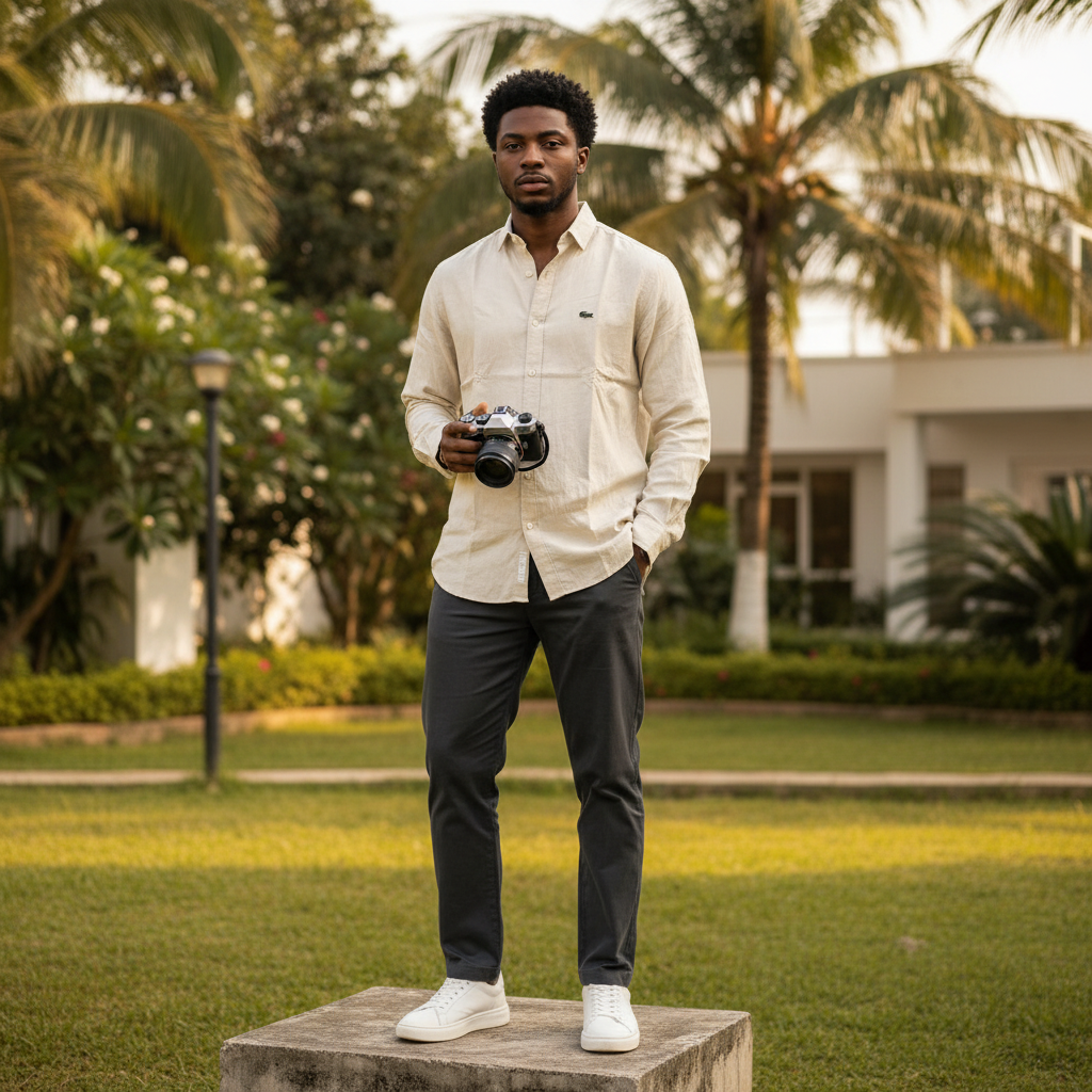 Nigerian male model wearing men's cream long-sleeve button-down casual shirt, garden setting