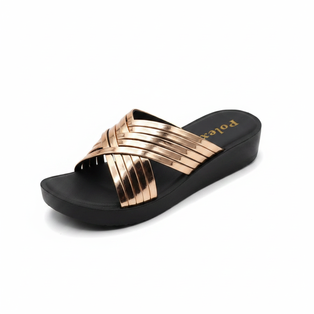 Women's rose gold metallic cross-strap wedge slide slipper — ghost mannequin view
