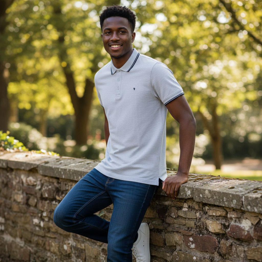 Light Blue Tipped Collar Polo Shirt on Nigerian male model