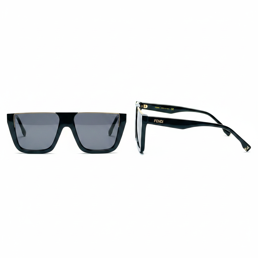 Oversized Flat-Top Square Sunglasses Black Gold – Ghost Mannequin Front and Side View