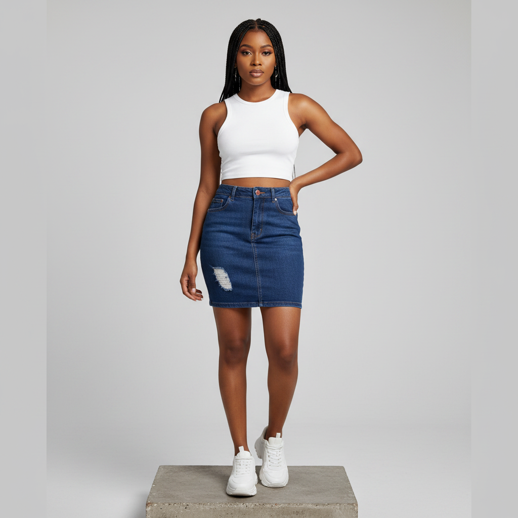 Dark Blue Distressed Denim Mini Skirt - Model Front View