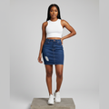 Dark Blue Distressed Denim Mini Skirt - Model Front View