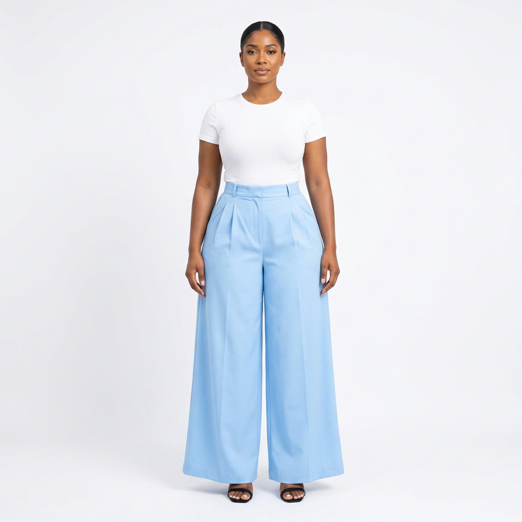 Full-body adult Black woman wearing light-blue wide-leg trousers