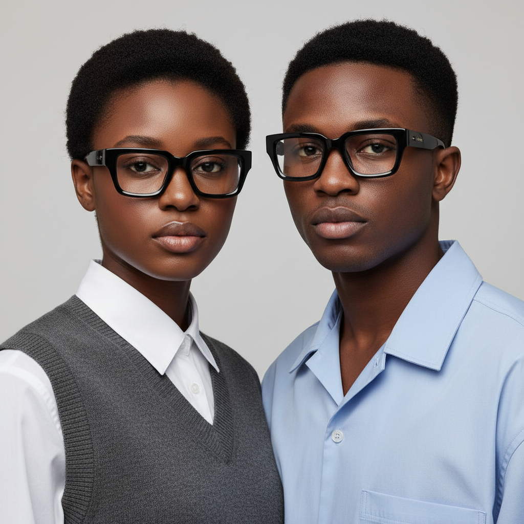 Nigerian female and male models wearing solid black bold square frame optical eyeglasses