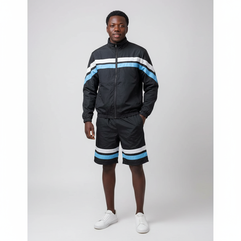 Model wearing the black jacket and shorts set with white and blue stripes