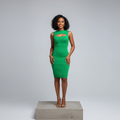 Nigerian female model front view - green Greek key cutout bodycon dress