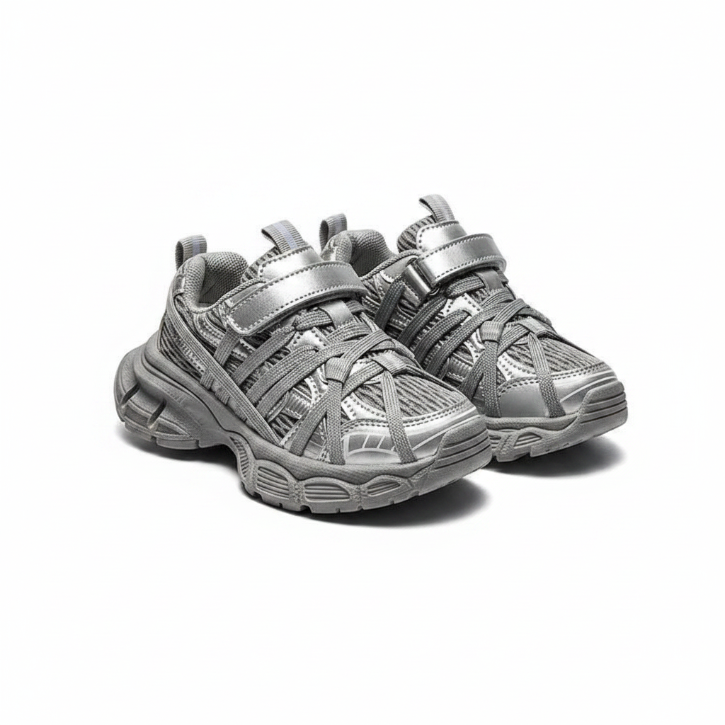 Kids' multi-strap cage chunky track sneakers ghost mannequin silver grey colorway