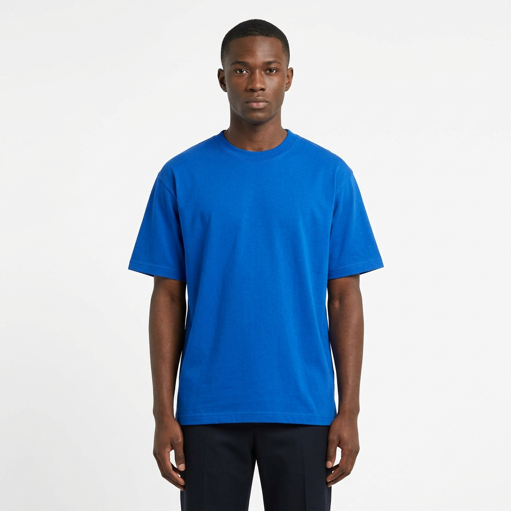 Black male model wearing the royal-blue crew-neck T-shirt