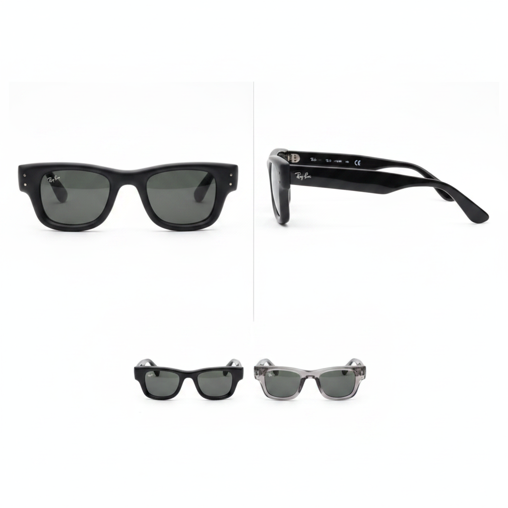 Unisex classic wayfarer sunglasses with dark tinted lenses – front and side view on white background