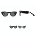 Unisex classic wayfarer sunglasses with dark tinted lenses – front and side view on white background