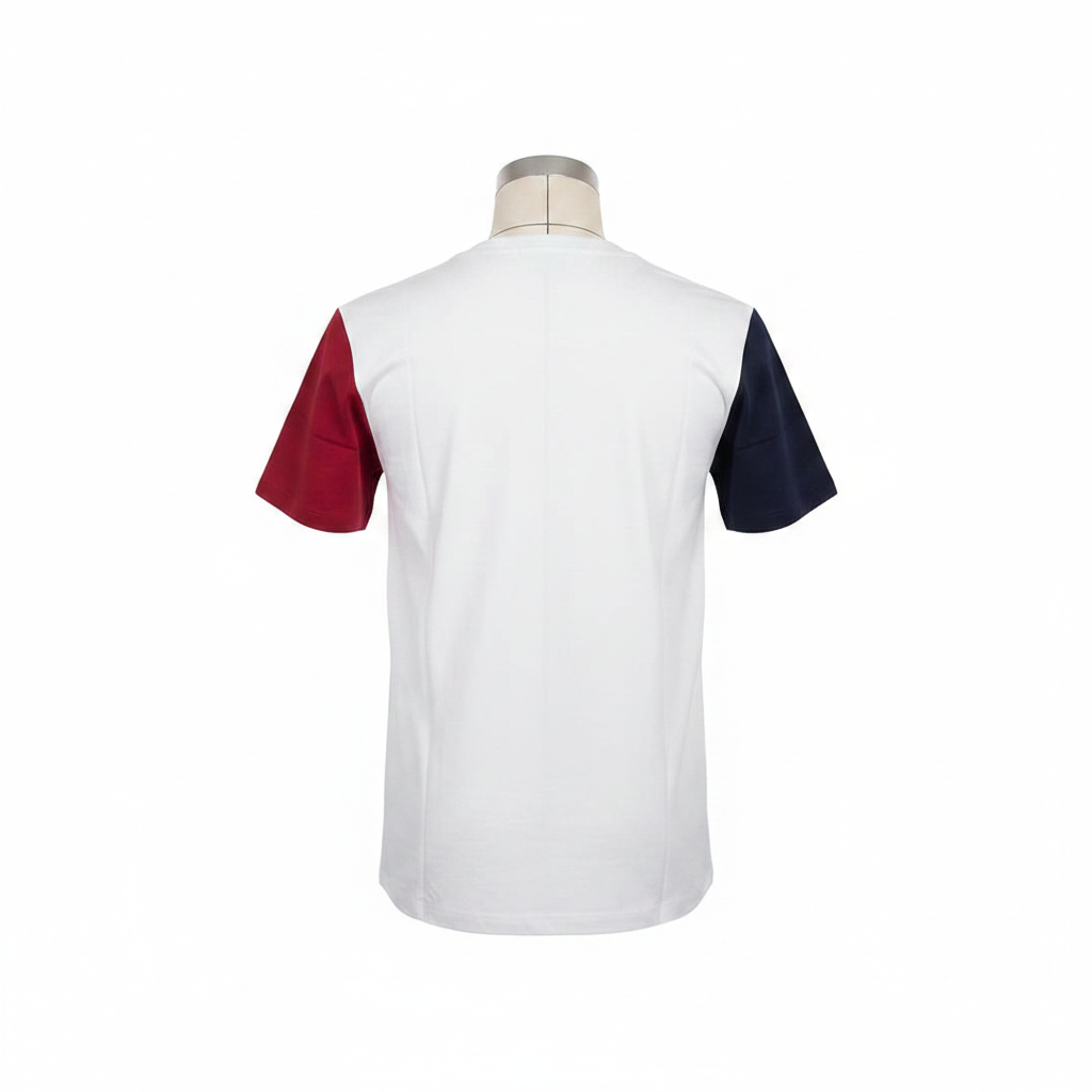 Ghost mannequin back view of white colourblock short-sleeved shirt