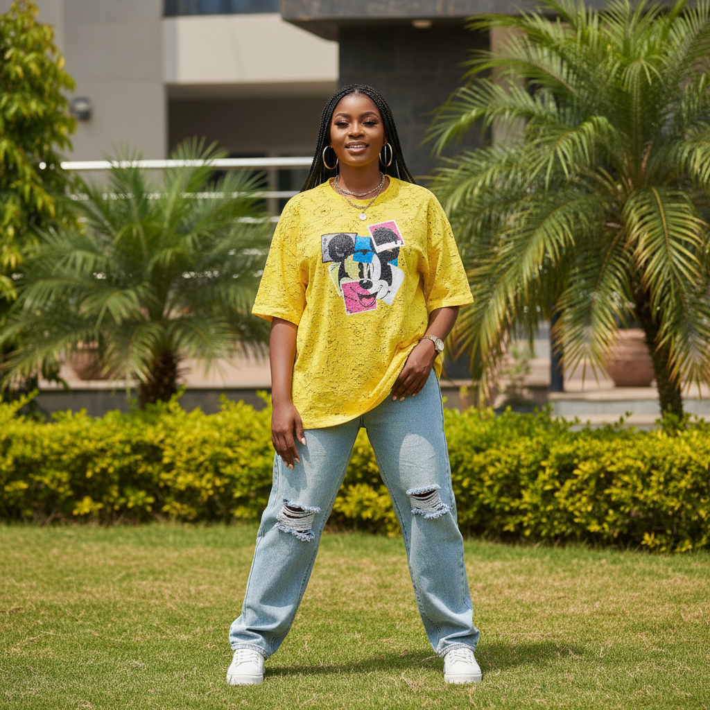 Women's Yellow Mickey Mouse Graphic Tee — Model Shot