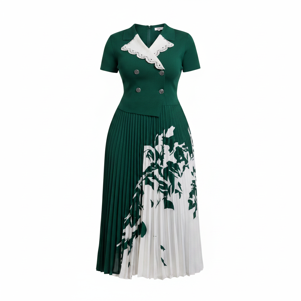 Women's emerald green botanical print lace collar pleated midi gown – ghost mannequin front view
