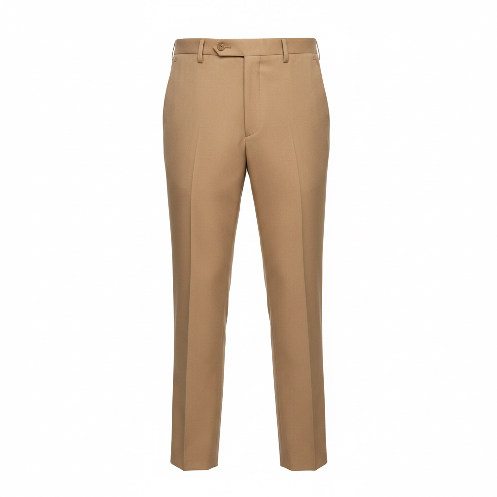 Camel suit trousers — ghost mannequin view