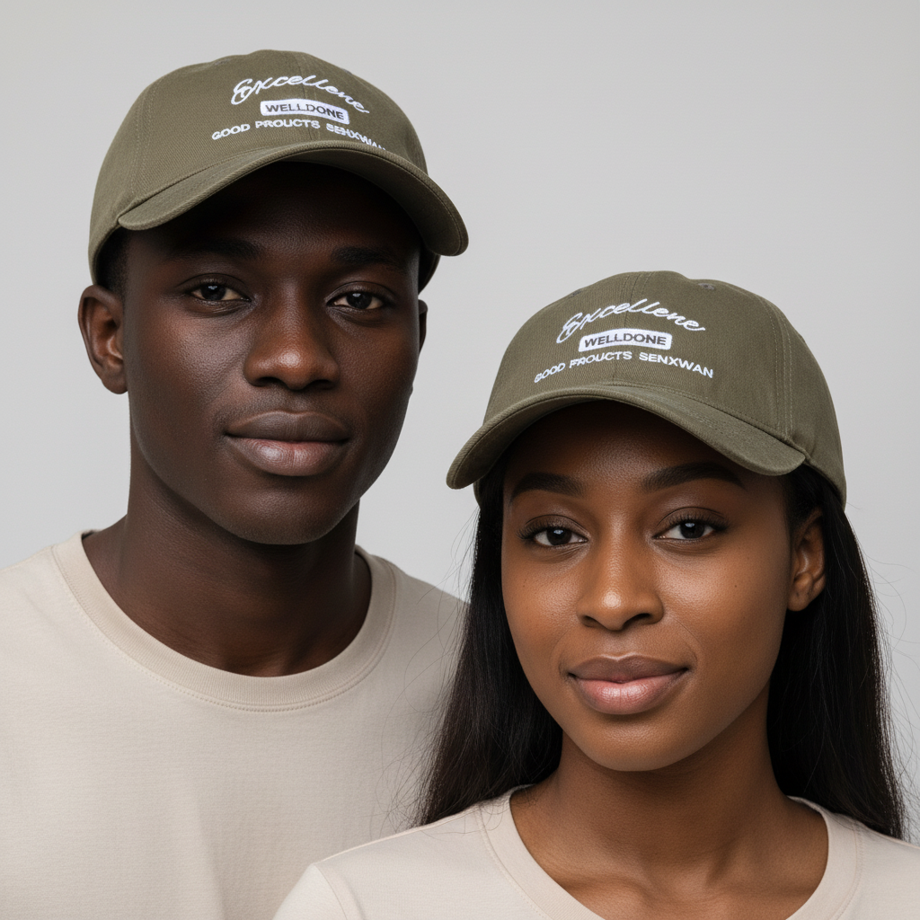 Nigerian male and female models wearing olive green Excellence Welldone embroidered dad cap