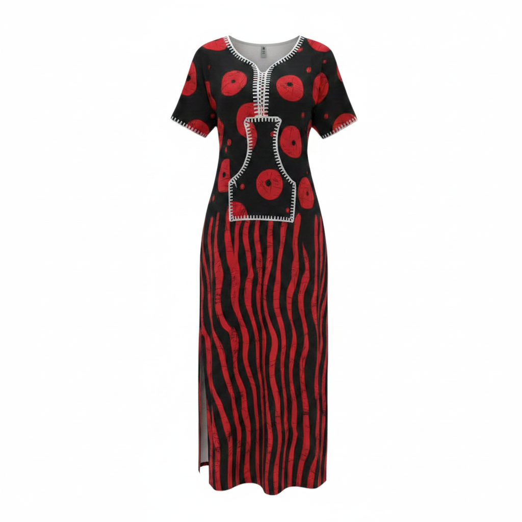Ghost mannequin view of Navy Red Adire Print Long Bubu Gown