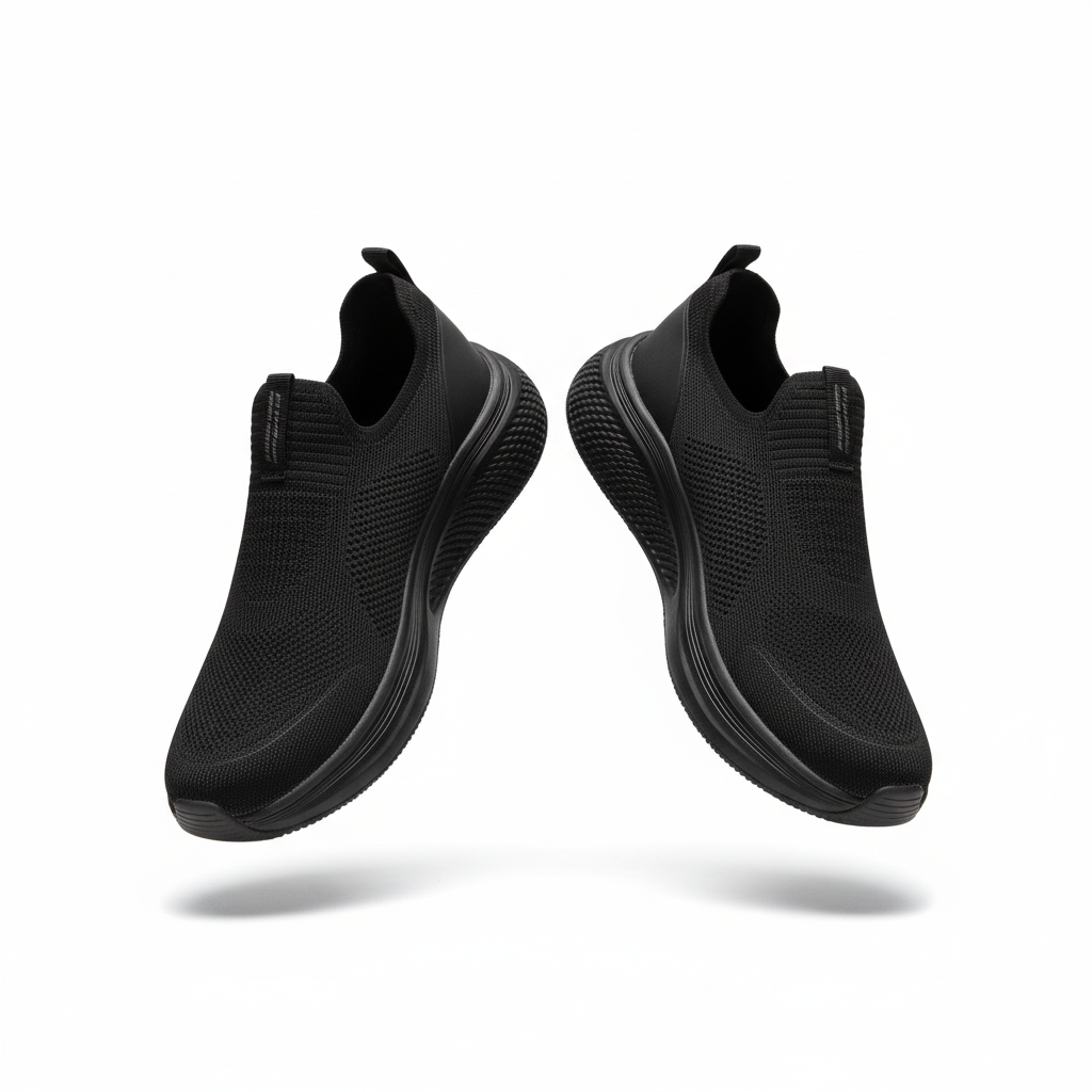 All-black knit slip-on sneakers with chunky black sole pair on white background