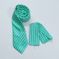 Mint-green and blue striped tie with matching pocket square on a neutral background