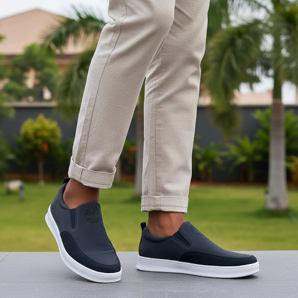 Nigerian male model wearing dark navy nubuck slip-on sneakers, both feet visible, Gen Z casual style in Nigerian garden setting