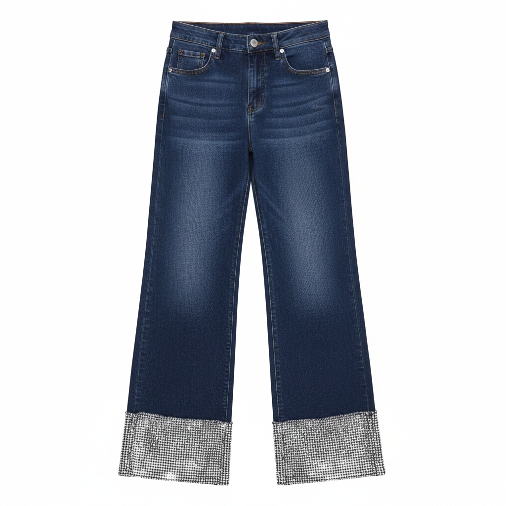 Women's Navy Blue Rhinestone Cuff Wide-Leg Denim Jeans - Ghost Mannequin