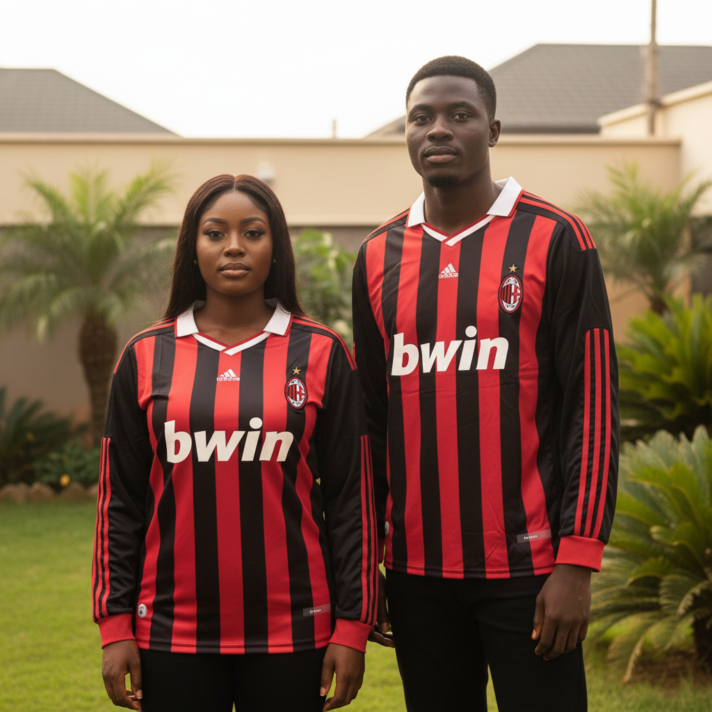Nigerian female and male models wearing the red and black striped long-sleeve retro football jersey