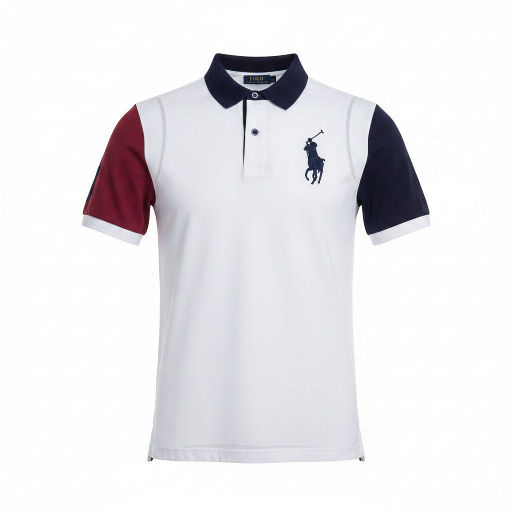 White Navy Burgundy Colour-Block Polo Shirt - Ghost Mannequin