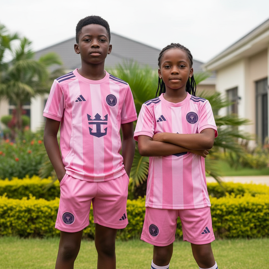 Nigerian boy and girl wearing pink stripe crown kids football jersey set