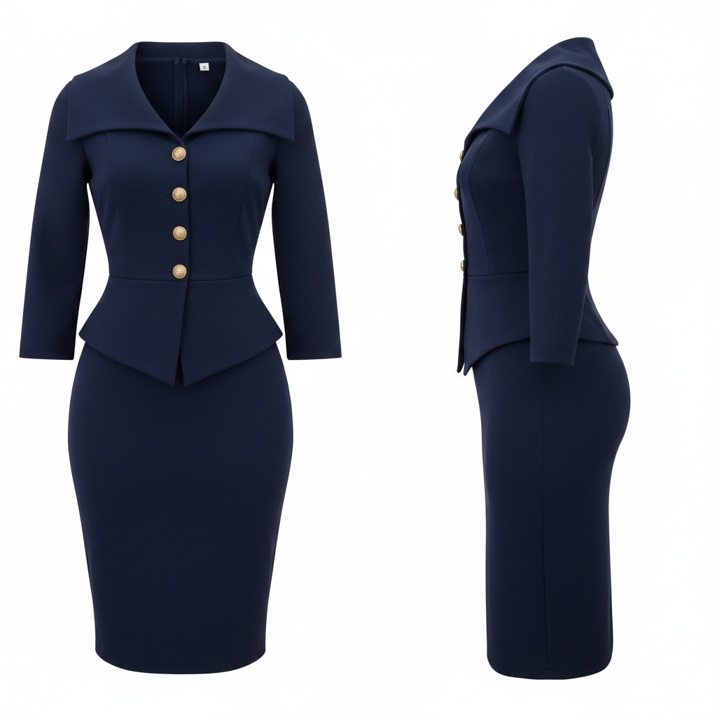 Women's Navy Blue Fold Collar Gold Button Peplum Midi Dress – Ghost Mannequin Front and Side View