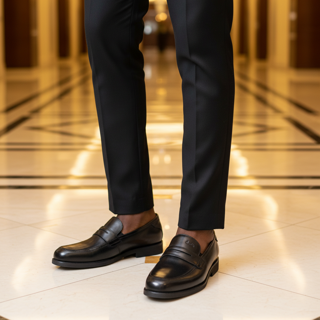 Nigerian male model wearing Clarks all-black high-shine plain penny loafers, tight zoomed-in boardroom-luxury leg focus lifestyle shot