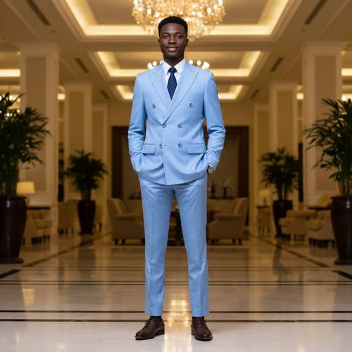Young Nigerian male model wearing sky blue pinstripe double-breasted suit full body square